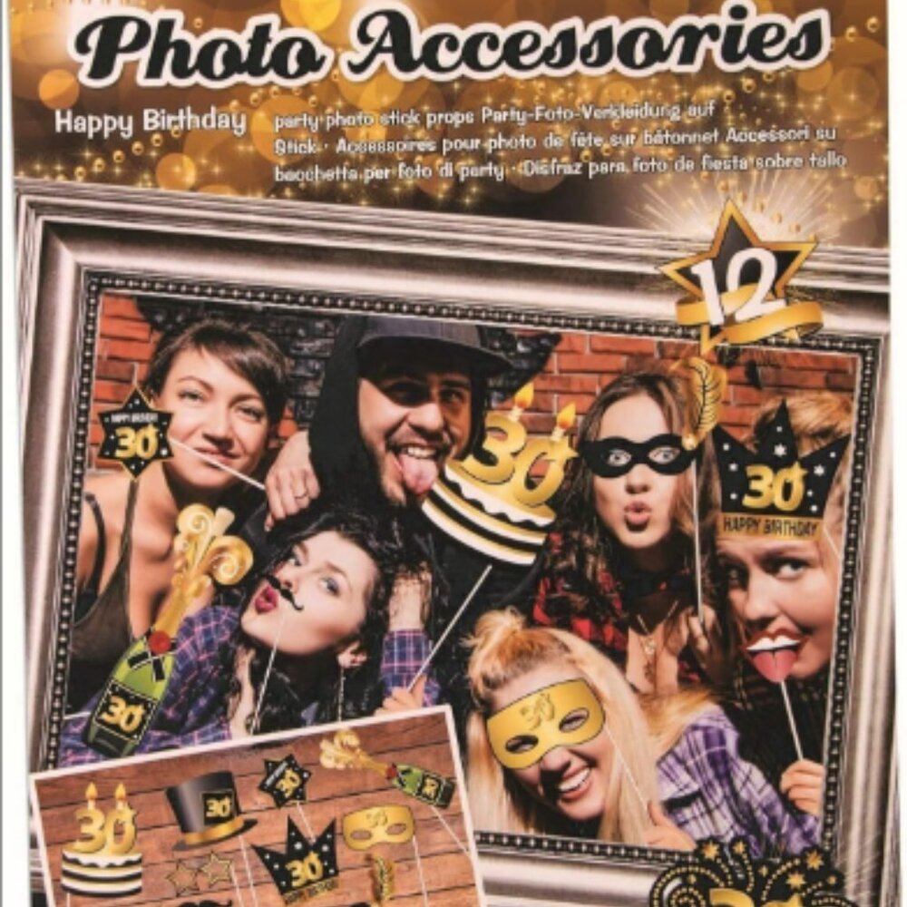 Forum Novelties 30th Birthday Black & Gold Photo Booth Accessories Kit 12 Count